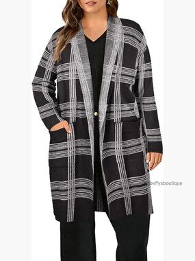 Plus Size Long Sleeve Open Front Cardigan Sweater with Pocket Knee Length